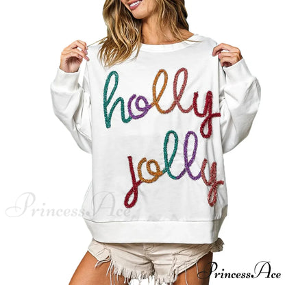 Fall Sequin Letter Pattern Long Sleeve Round Neck Loose Christmas Hoodie WHITE / S Christmas Hoodies-L
