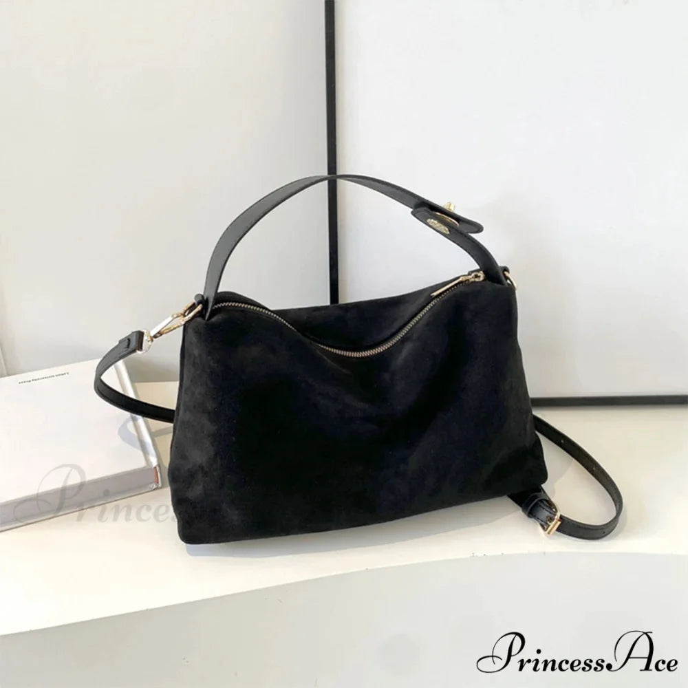 Fall Winter Dull Suede Cattle Leather Purse Black handbag-250126