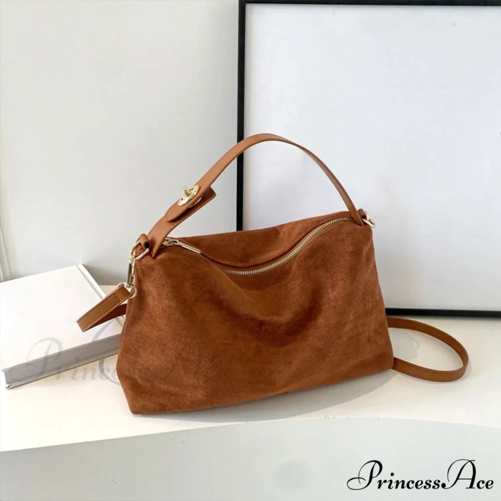 Fall Winter Dull Suede Cattle Leather Purse Brown handbag-250126