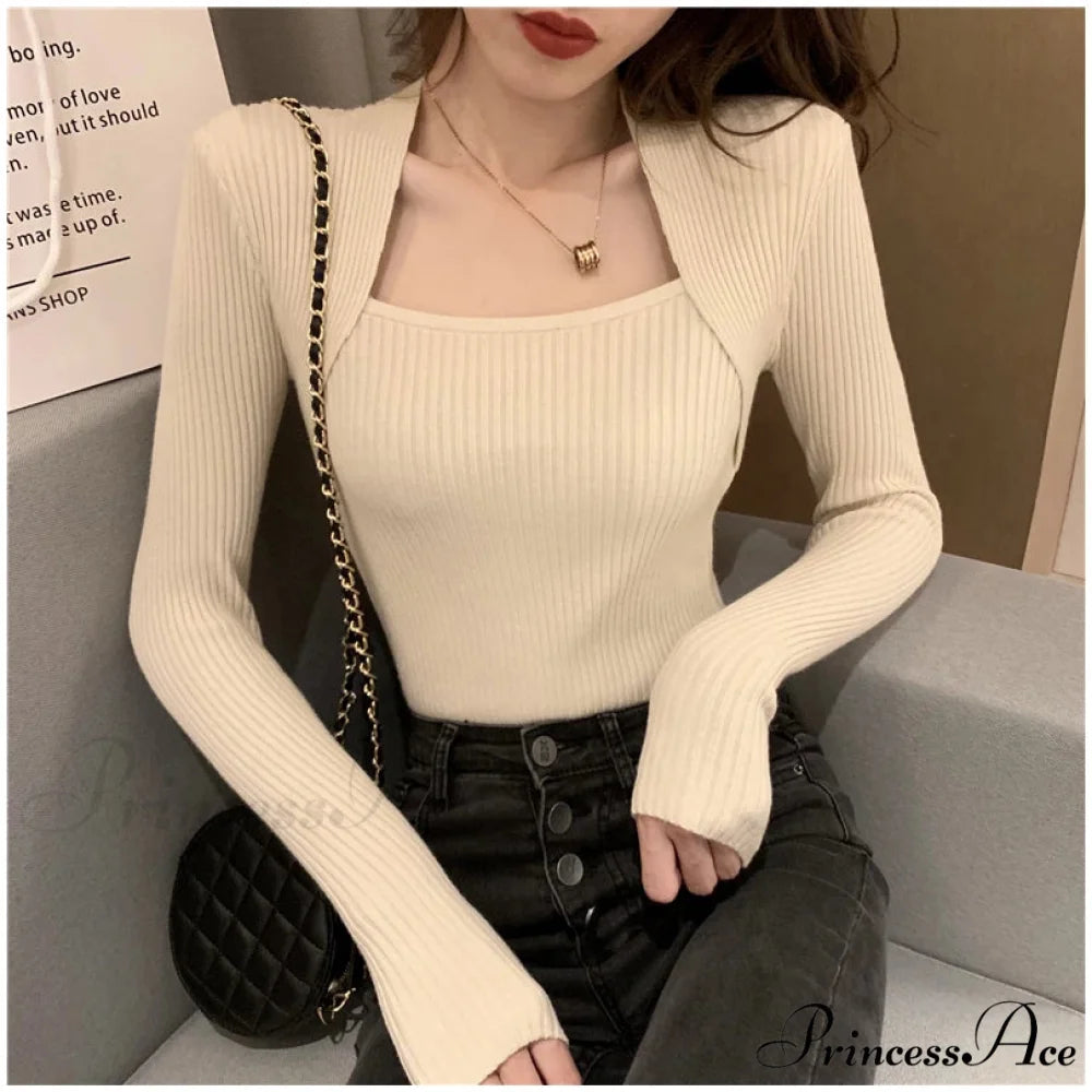 Fall Winter Square Shawl Neckline Pullover Seductive Knit Top Beige / S knittop-250126