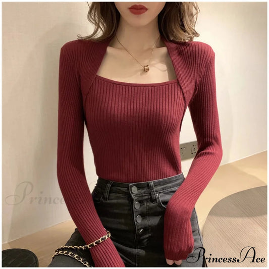 Fall Winter Square Shawl Neckline Pullover Seductive Knit Top Burgundy / S knittop-250126
