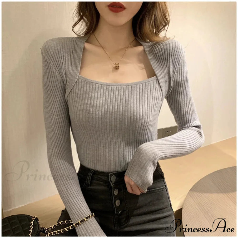 Fall Winter Square Shawl Neckline Pullover Seductive Knit Top GRAY / S knittop-250126