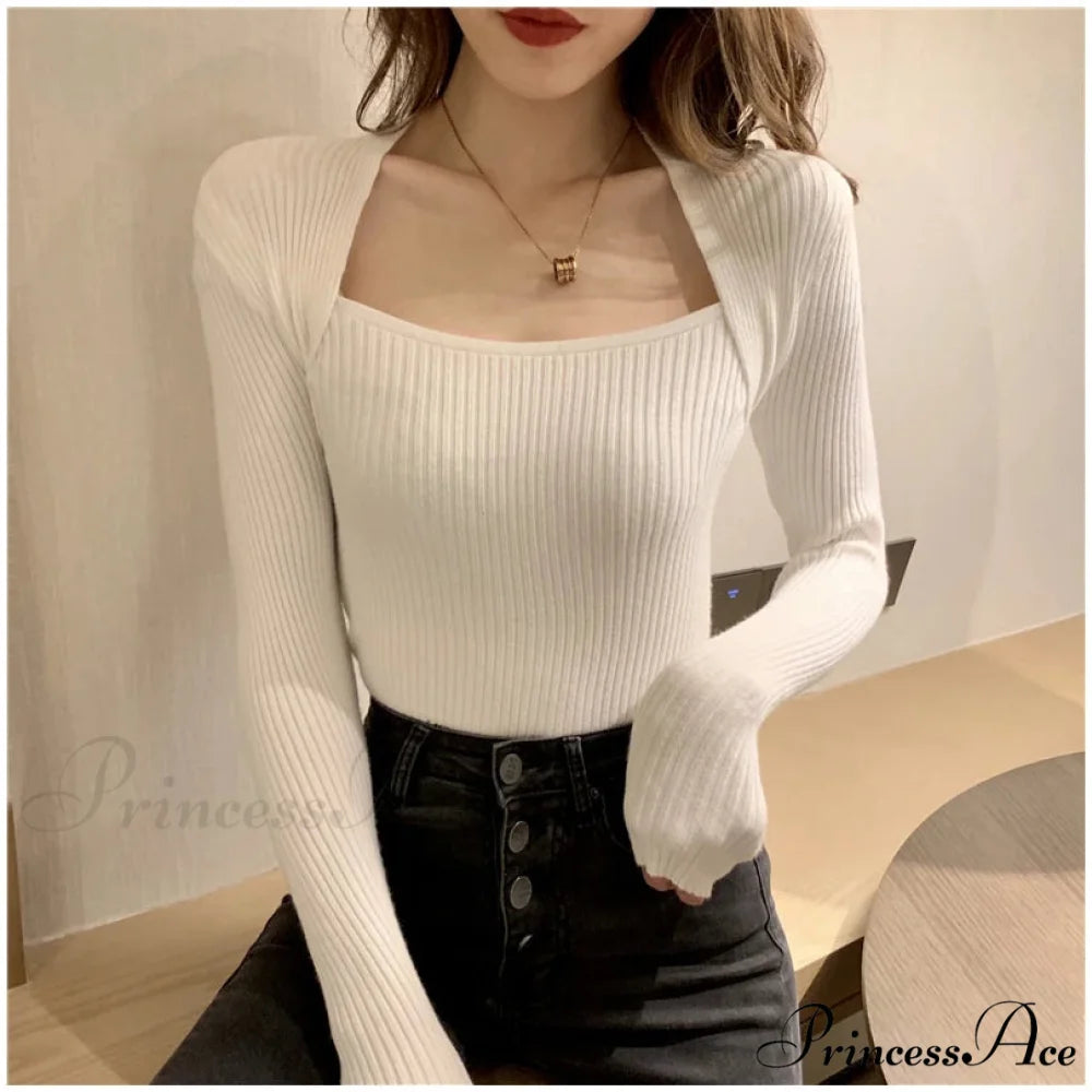 Fall Winter Square Shawl Neckline Pullover Seductive Knit Top WHITE / S knittop-250126