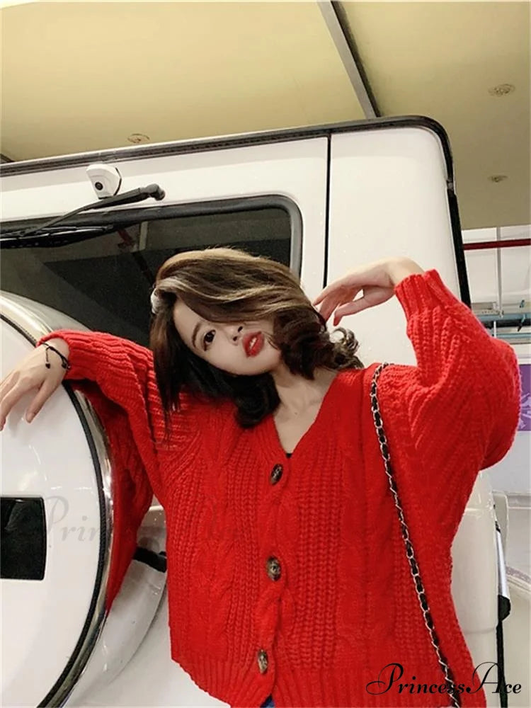 Fall Winter Twsied Cardigan LM19186-A Red / One Size