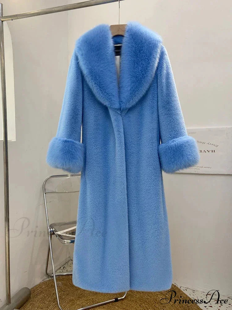 False Fur Fur Collar Baggy Cozy Overcoat Sky Blue / XS overcoats-241228