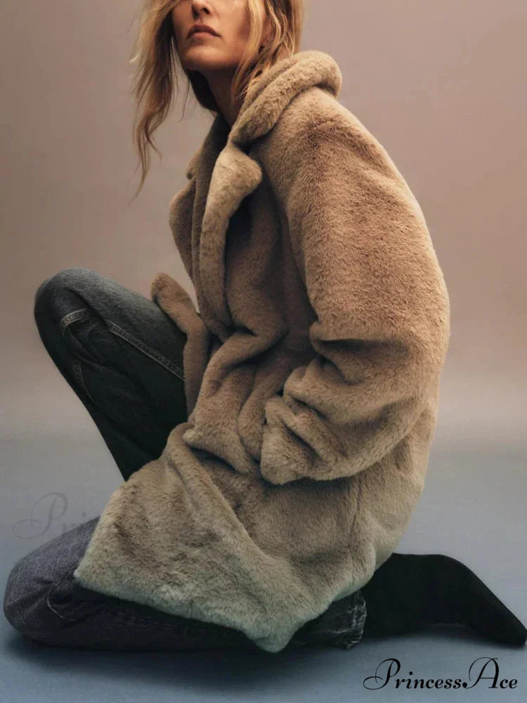 False Fur Lapel Extended Sleeve Cozy Overcoat overcoats-241228