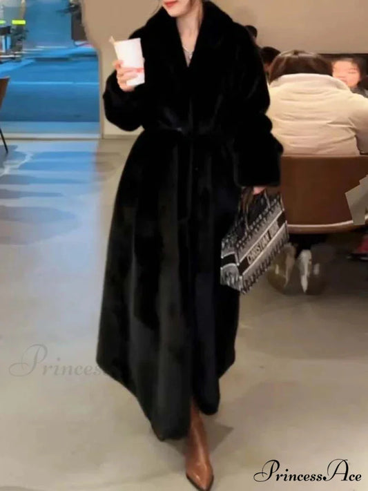 False Fur Lapel Soft Imitation Mink Overcoat Black / S overcoats-241228
