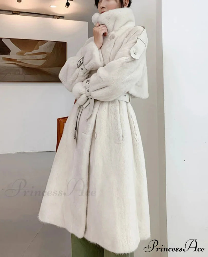False Mink Fur Dense Winter Overcoat Pearl White / S overcoats-241228