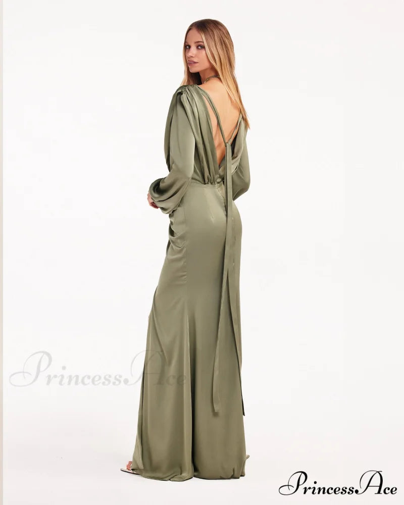 Fancy Olive Silk Charming Maxi Evening Dress