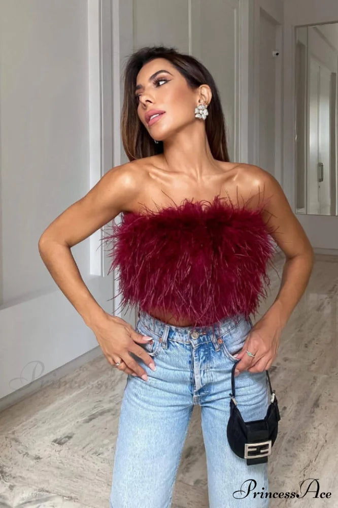 Fancy Strapless Stylish Feather Crop Top S / 6#
