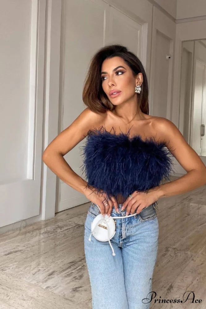 Fancy Strapless Stylish Feather Crop Top S / 7#