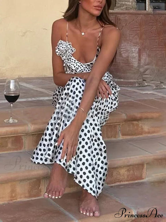 Fantasy Polka Dot Print Graceful Guipure Ruffled Suspender Maxi Dress