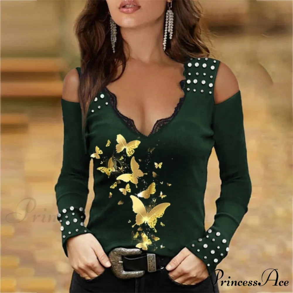 Fashion All-Match Stretch V-neck Slim T-shirt Dark Green 2 / 5XL