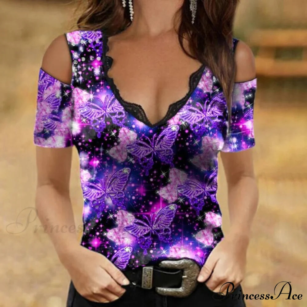 Fashion All-Match Stretch V-neck Slim T-shirt Purple 1 / 5XL