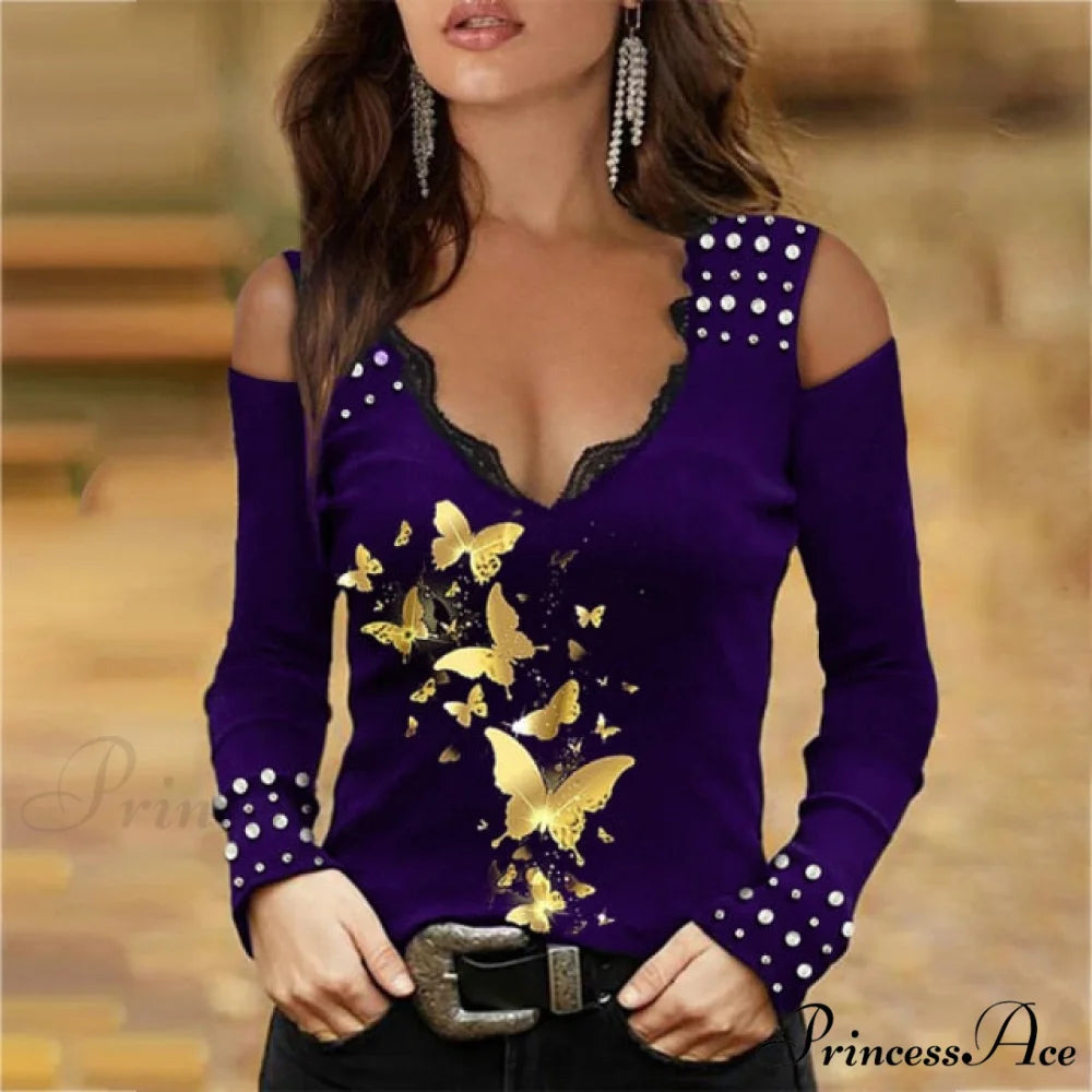 Fashion All-Match Stretch V-neck Slim T-shirt Purple 2 / S