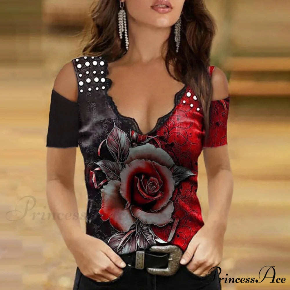 Fashion All-Match Stretch V-neck Slim T-shirt Red 1 / 5XL