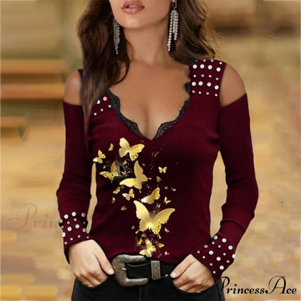 Fashion All-Match Stretch V-neck Slim T-shirt Red 2 / 5XL