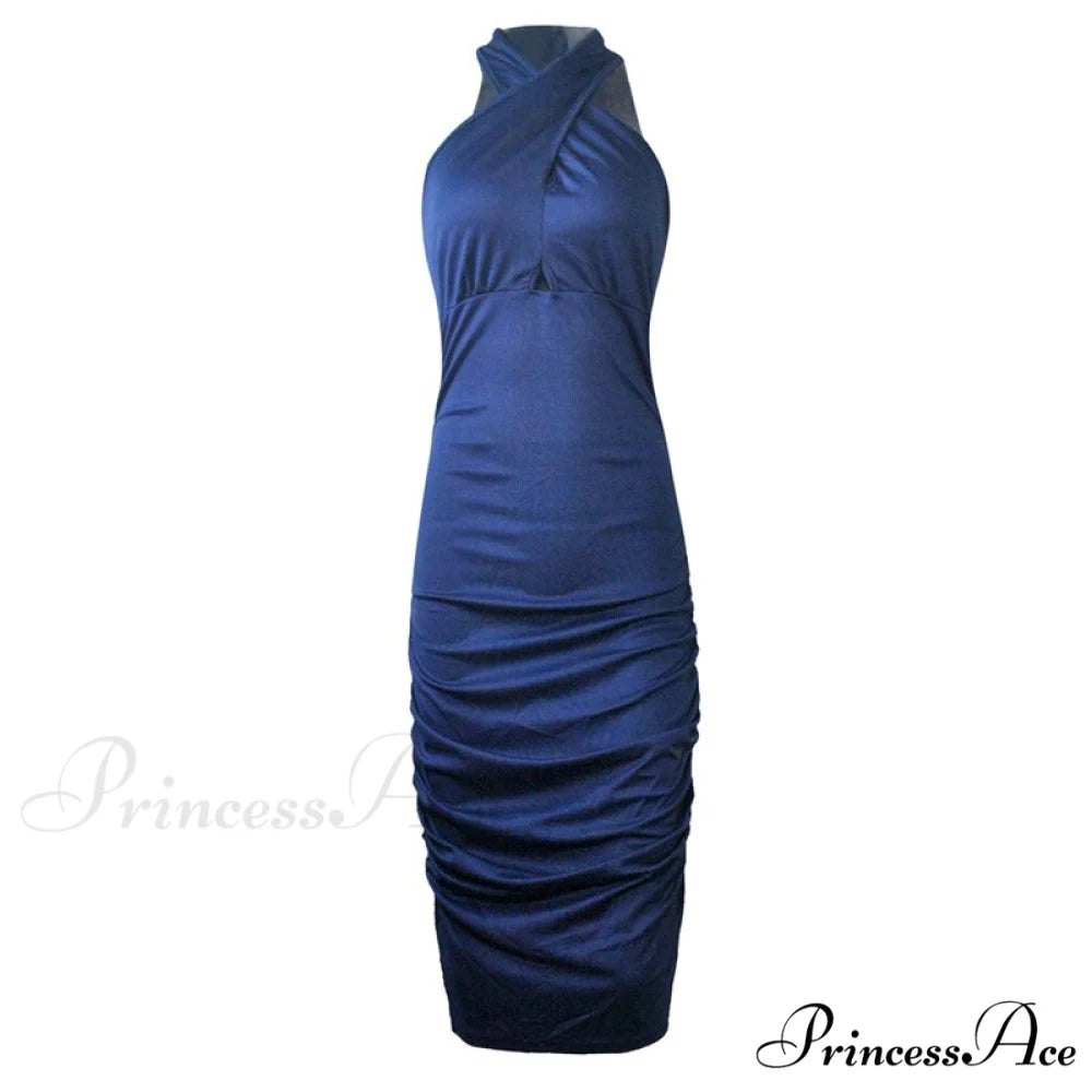 Fashion Backless Bodycon Knee-length Party Dress Dark Blue / S