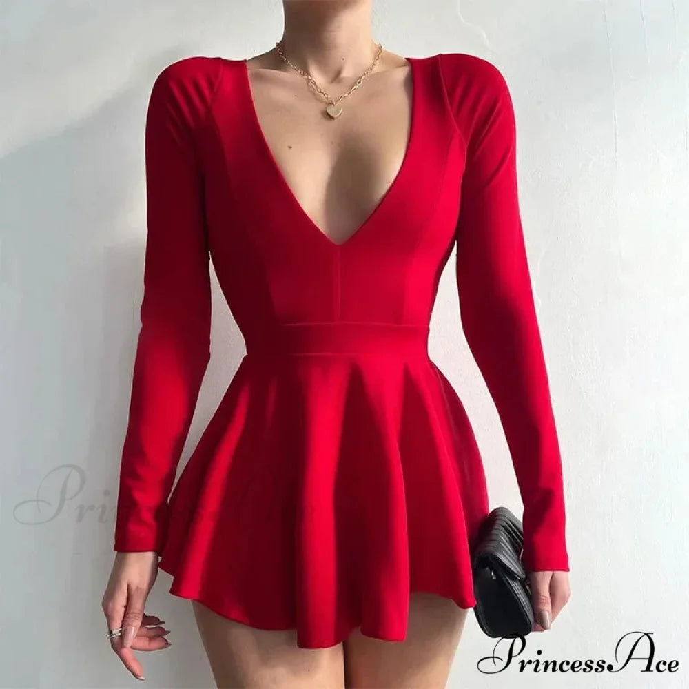 Fashion Backless V Neck A-Line Mini Dress Red / S