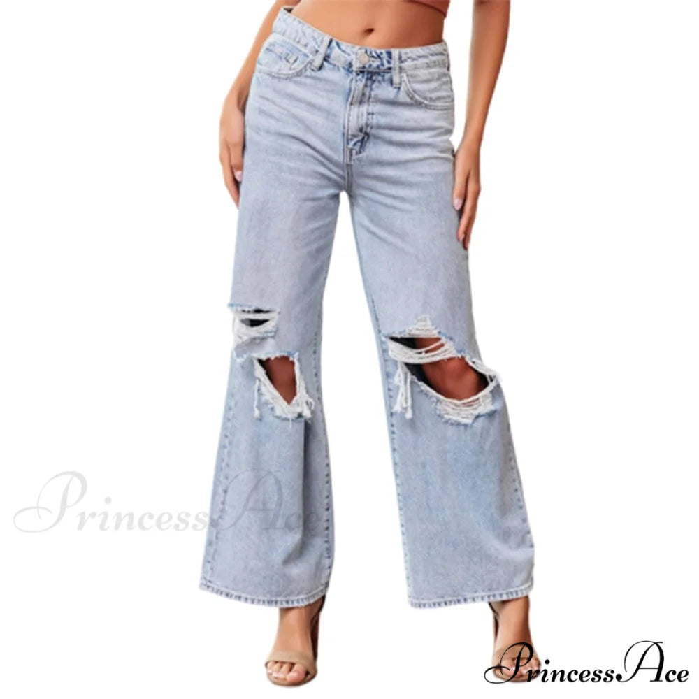 Fashion Broken Holes Light Blue Trousers Trend Streetwear Washable Light Blue / S