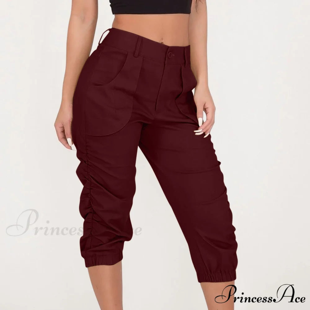 Fashion Casual Jogger Capris Pants Burgundy / S
