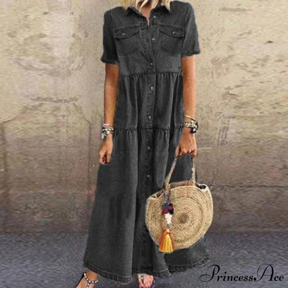 Fashion Casual Splicing Cardigan Vintage Long Dress Black / 3XL