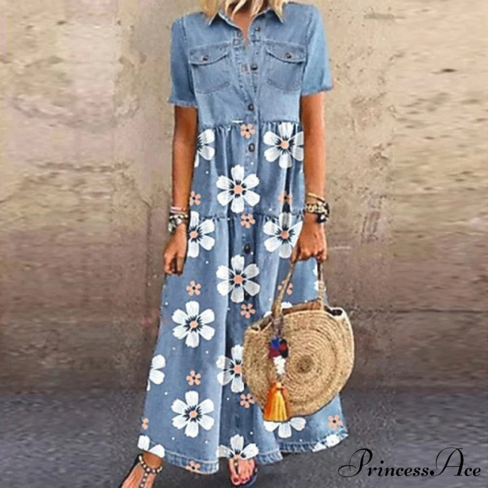 Fashion Casual Splicing Cardigan Vintage Long Dress Light Blue-flower / 3XL