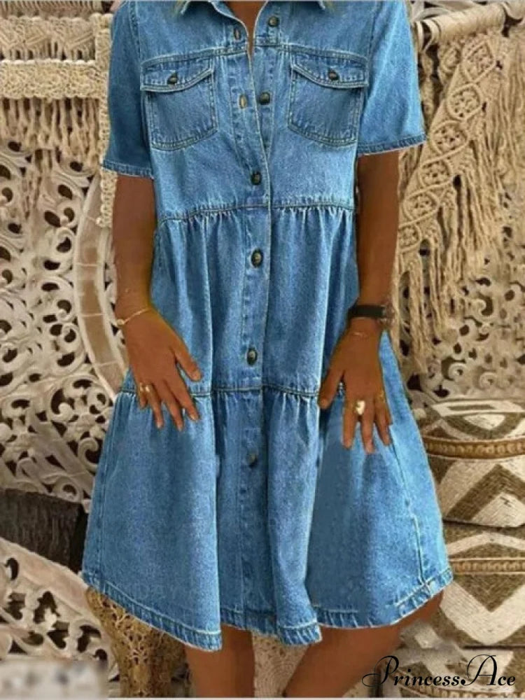 Fashion Casual Splicing Cardigan Vintage Long Dress Mid-Deep Blue / 3XL