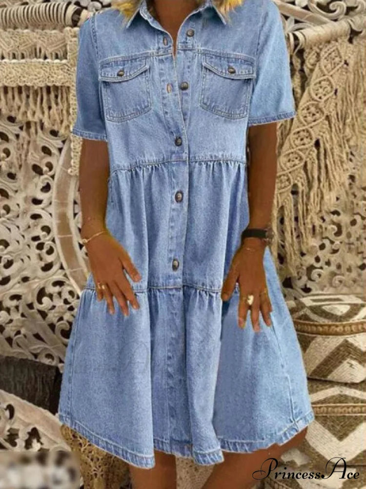 Fashion Casual Splicing Cardigan Vintage Long Dress Mid-Light Blue / 3XL