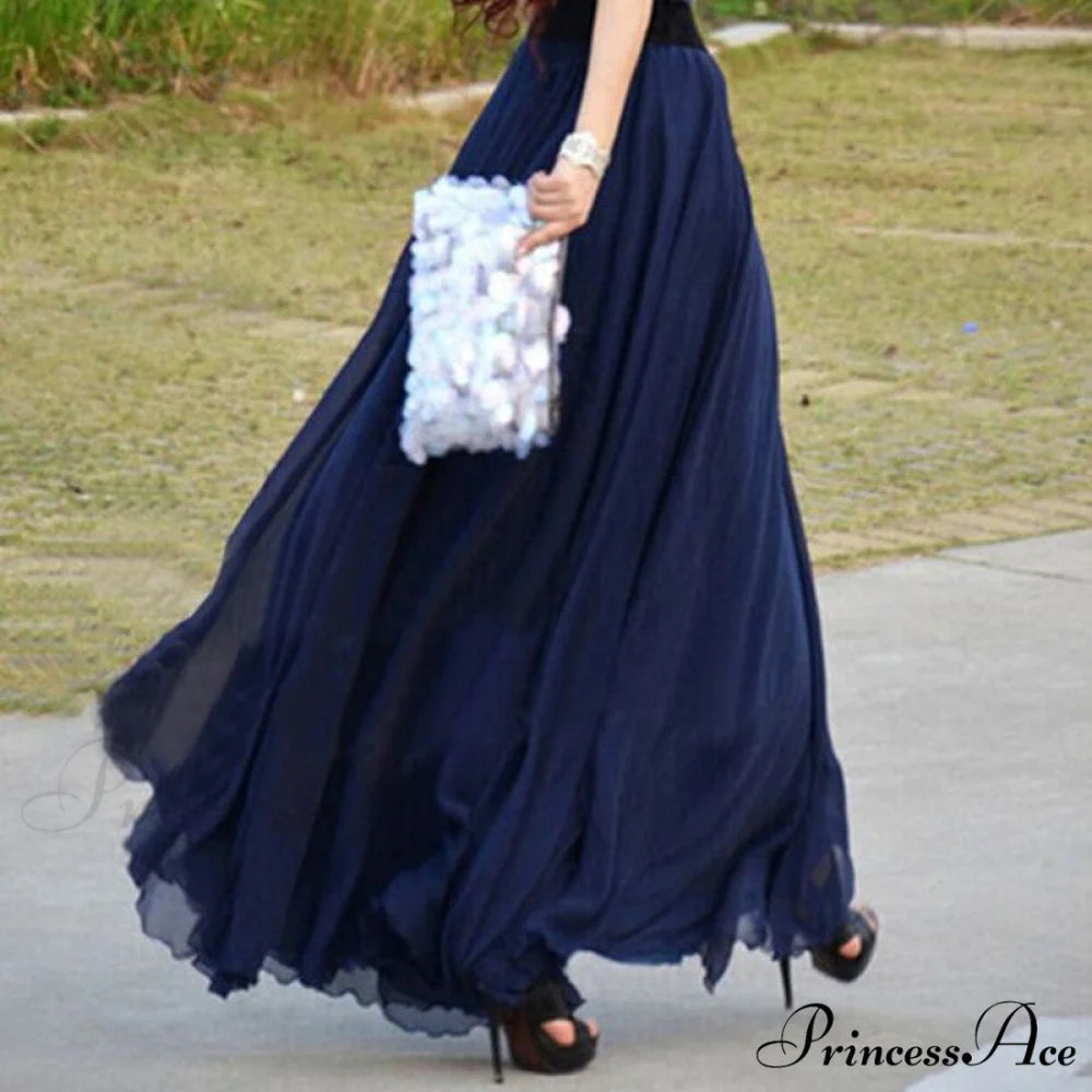 Fashion Chiffon Long Skirts Navy Blue / 80CM Length
