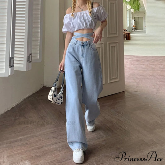 Fashion Cotton Cross Belt Jeans Light Blue / S