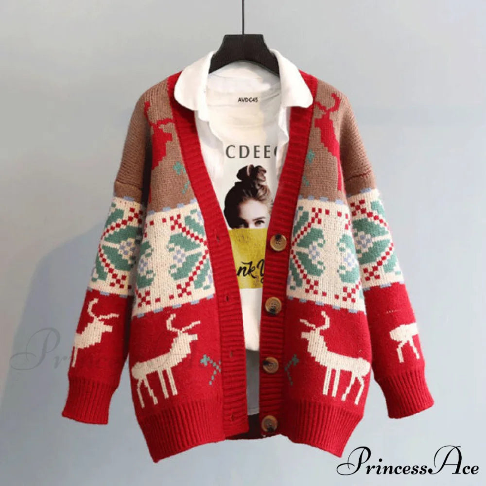 Fashion Deer Cartoon Print Sweater Red / One Size