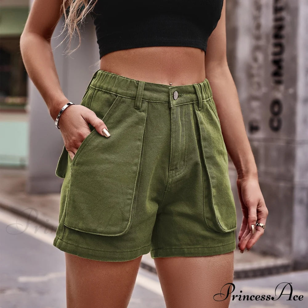 Fashion Denim Shorts Elastic Waist American Style Green / S