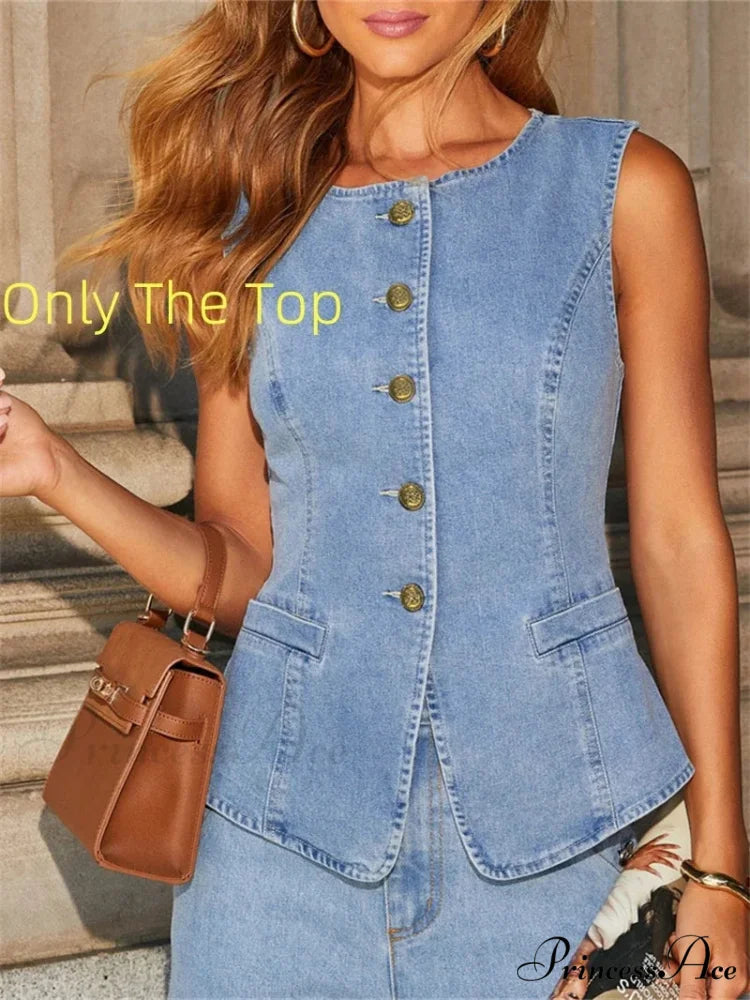 Fashion Denim Wide Leg Workplace Two Piece Set Only Blue Top / S officetwopieceset-250223