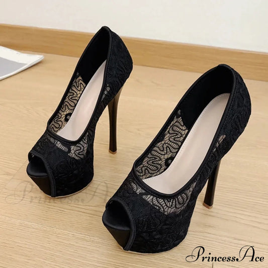 Fashion Design Embroidery Mesh Platform Pumps Slingback Shallow Peep-Toe Pink High-Heels Wedding High Heel Black / 34