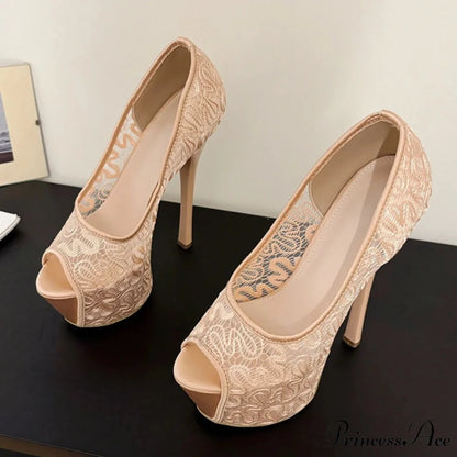 Fashion Design Embroidery Mesh Platform Pumps Women Sexy Slingback Peep Toe Pink High Heels Wedding Banquet Shoes Pink