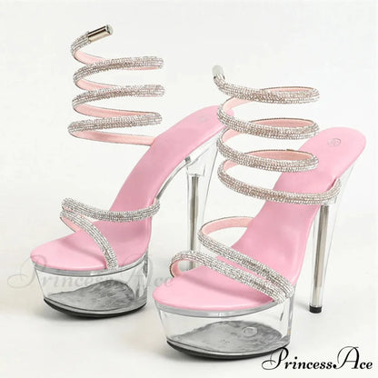 Fashion Design Rhinestone Ankle Snake Twine Platform Sandals High Heels Wedding Banquet Shoes Pink / 34