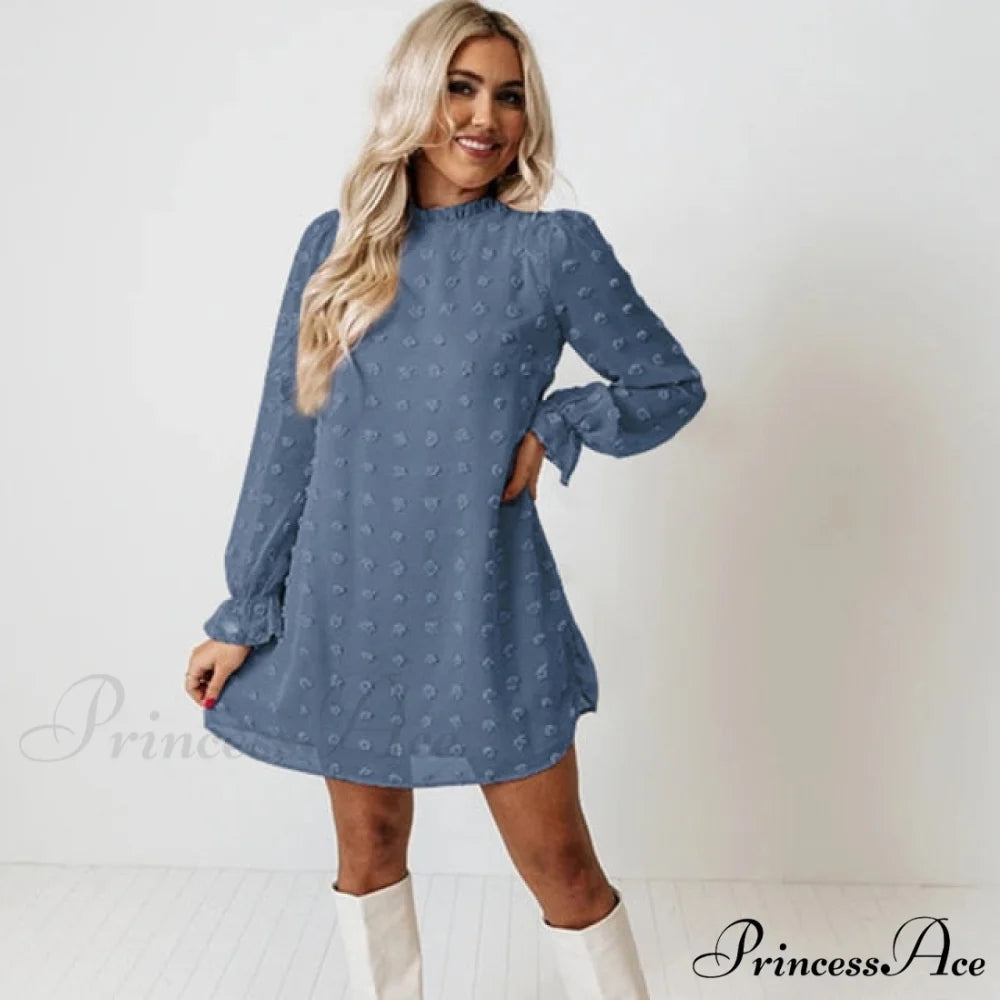 Fashion Dot Pom Pom Dress New Loose Casual Dress Dark Blue / S