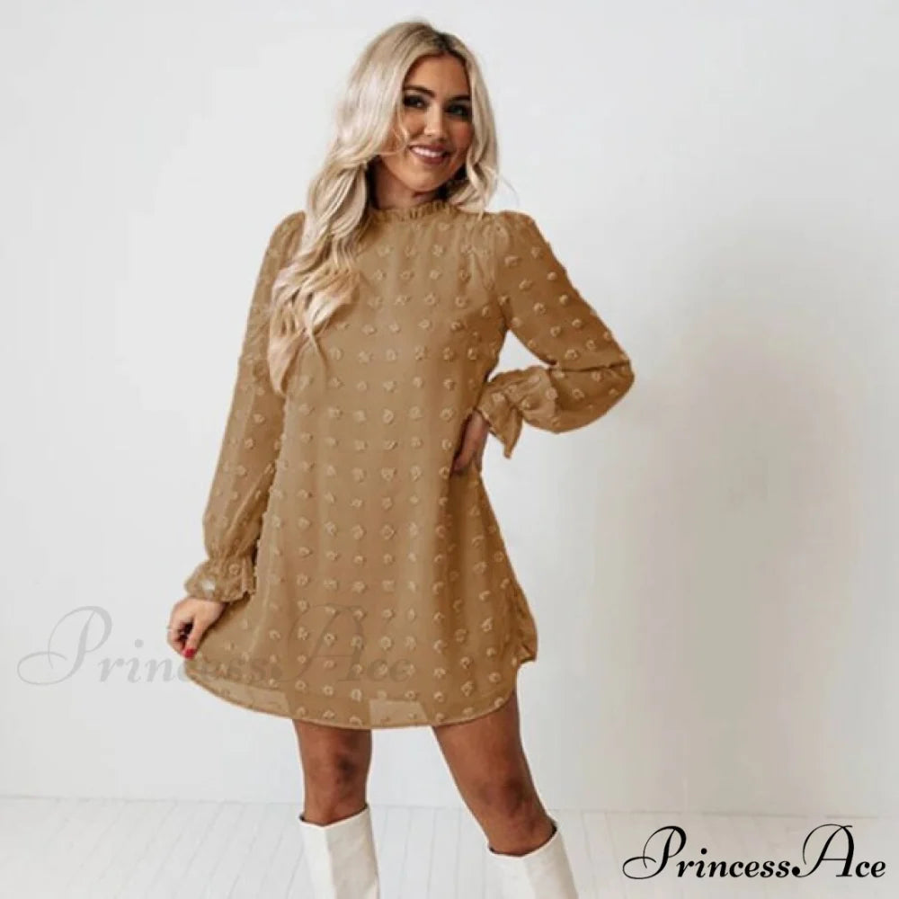 Fashion Dot Pom Pom Dress New Loose Casual Dress Khaki / S