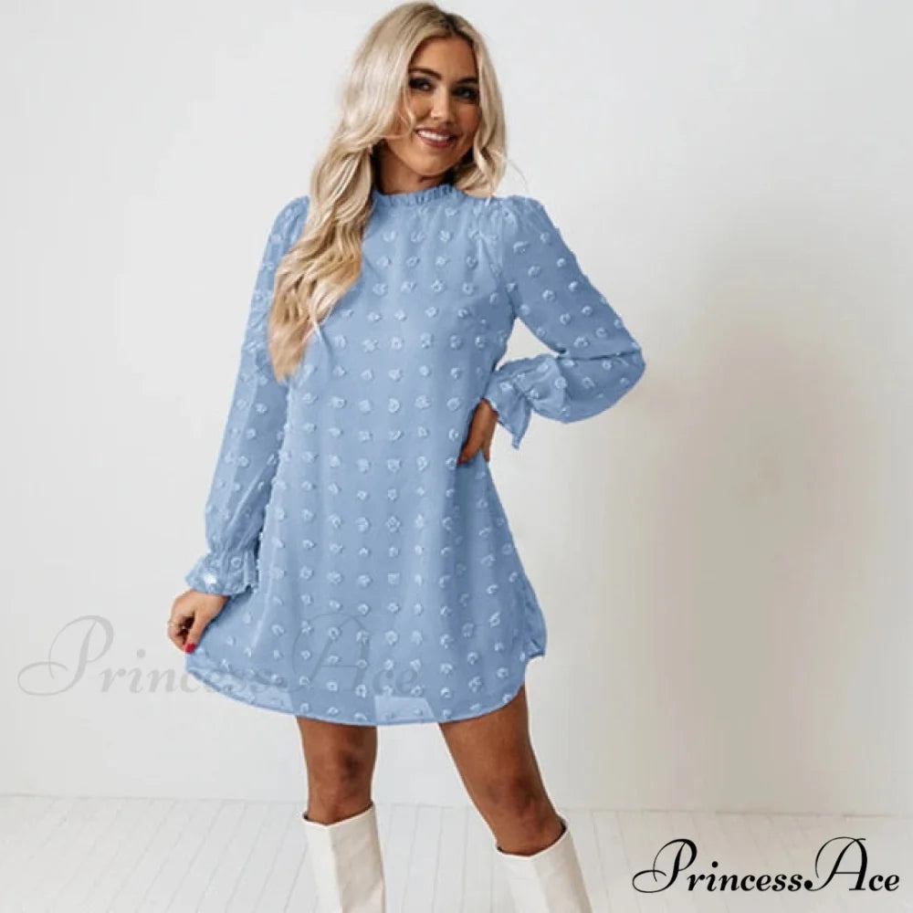 Fashion Dot Pom Pom Dress New Loose Casual Dress Light Blue / S