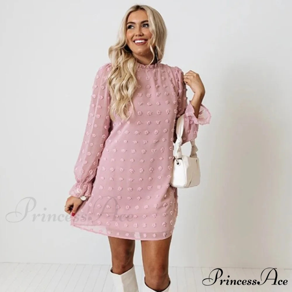 Fashion Dot Pom Pom Dress New Loose Casual Dress Pink / S
