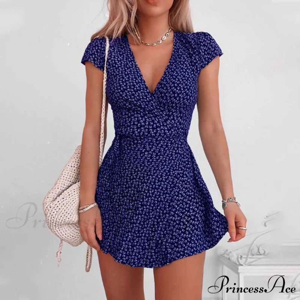 Fashion Dot Print Dress Blue / S
