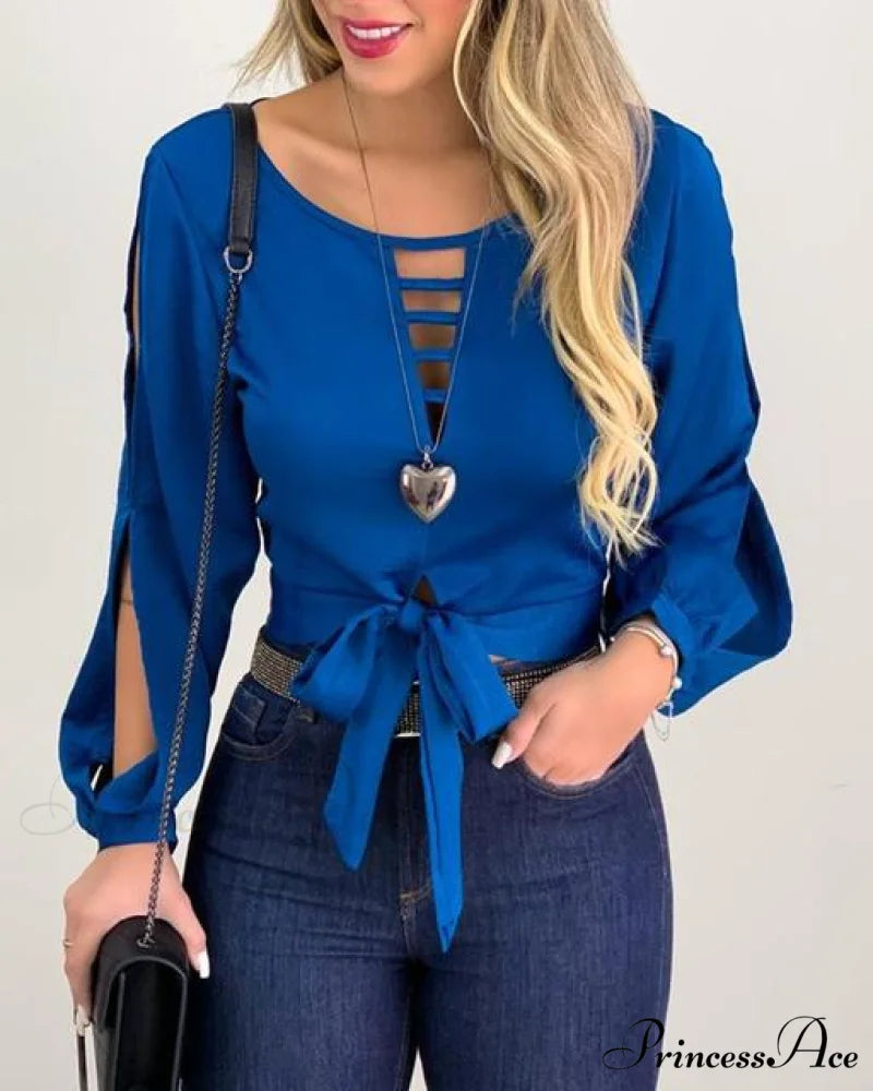Fashion Elegant Casual Hollow Out Long Sleeve Blouse Blue / S