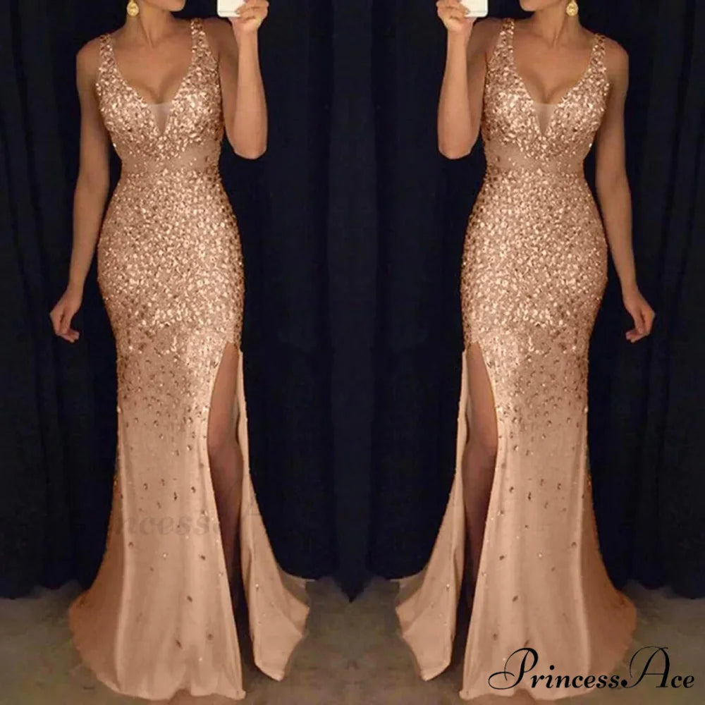 Fashion Elegant Female Party Ruffled Ribbed Maxi Flare Long Sleeve Solid Color Round Neck Pleated Dress Gold / S