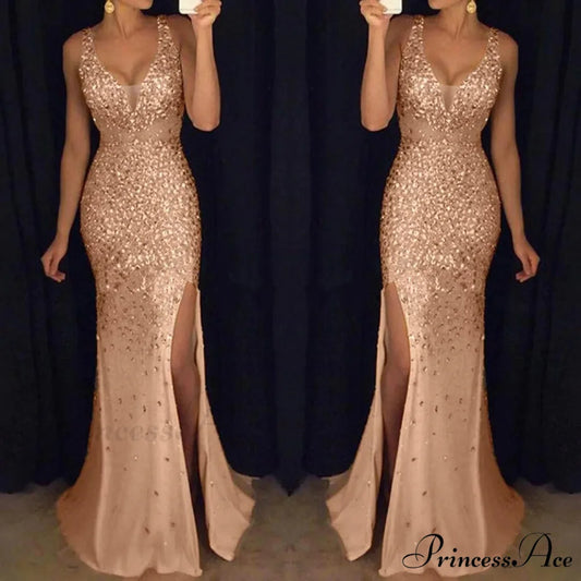 Fashion Elegant Female Party Ruffled Ribbed Maxi Flare Long Sleeve Solid Color Round Neck Pleated Dress Gold / S