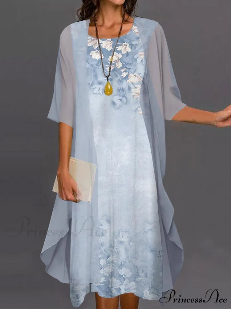 Fashion Elegant Long Sleeve Modern Loose Printed Chiffon Dress Blue / M