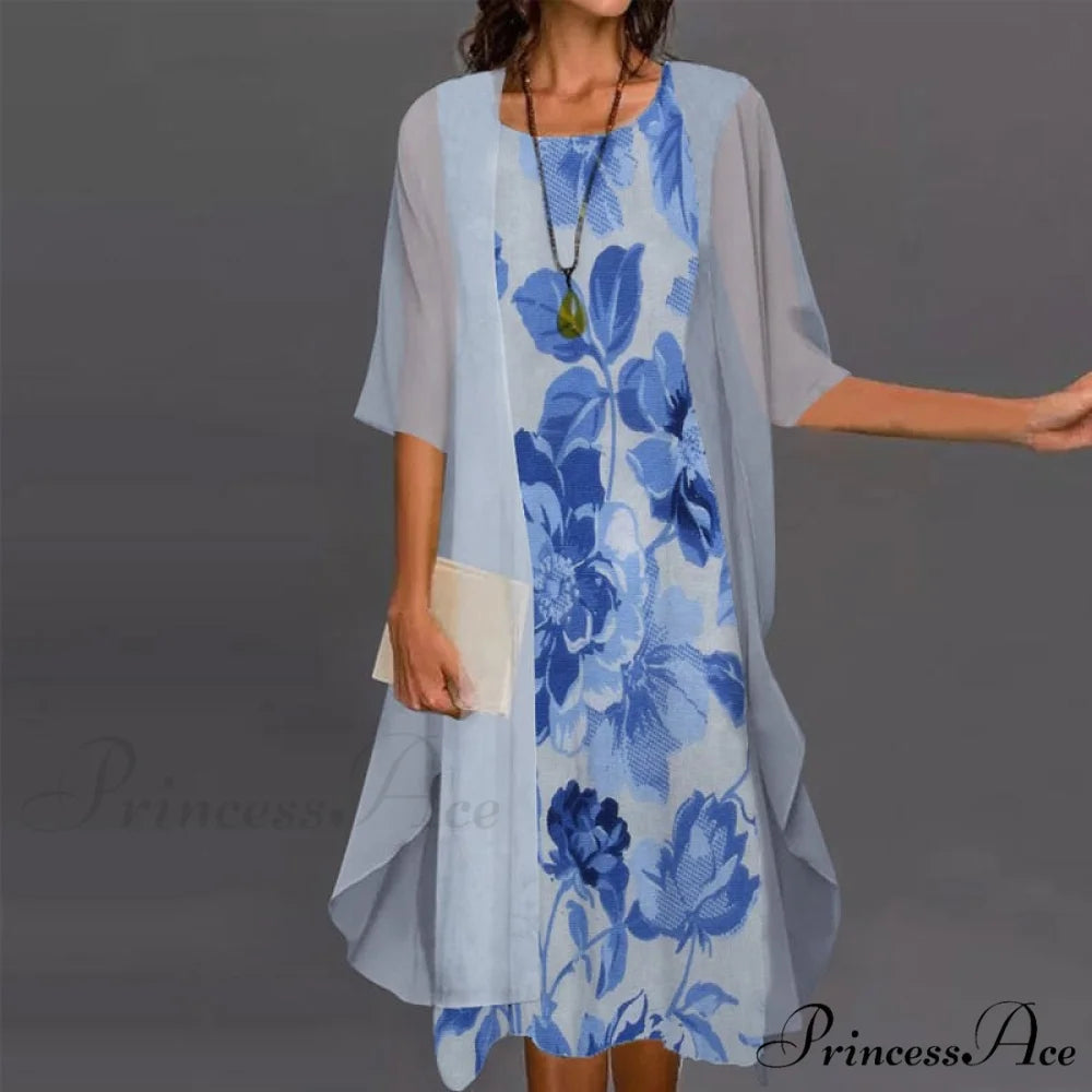 Fashion Elegant Long Sleeve Modern Loose Printed Chiffon Dress Dark blue / M