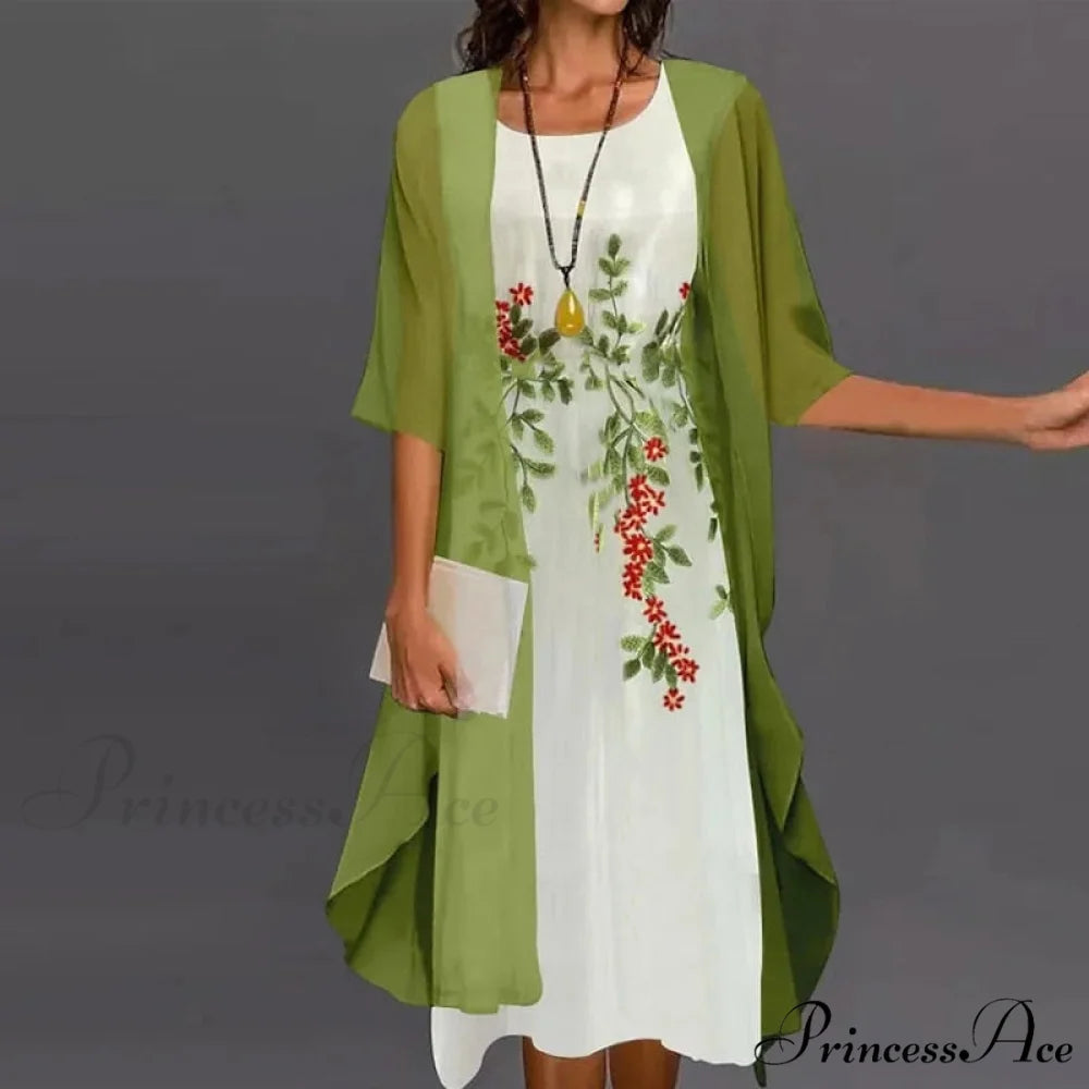 Fashion Elegant Long Sleeve Modern Loose Printed Chiffon Dress Green / M