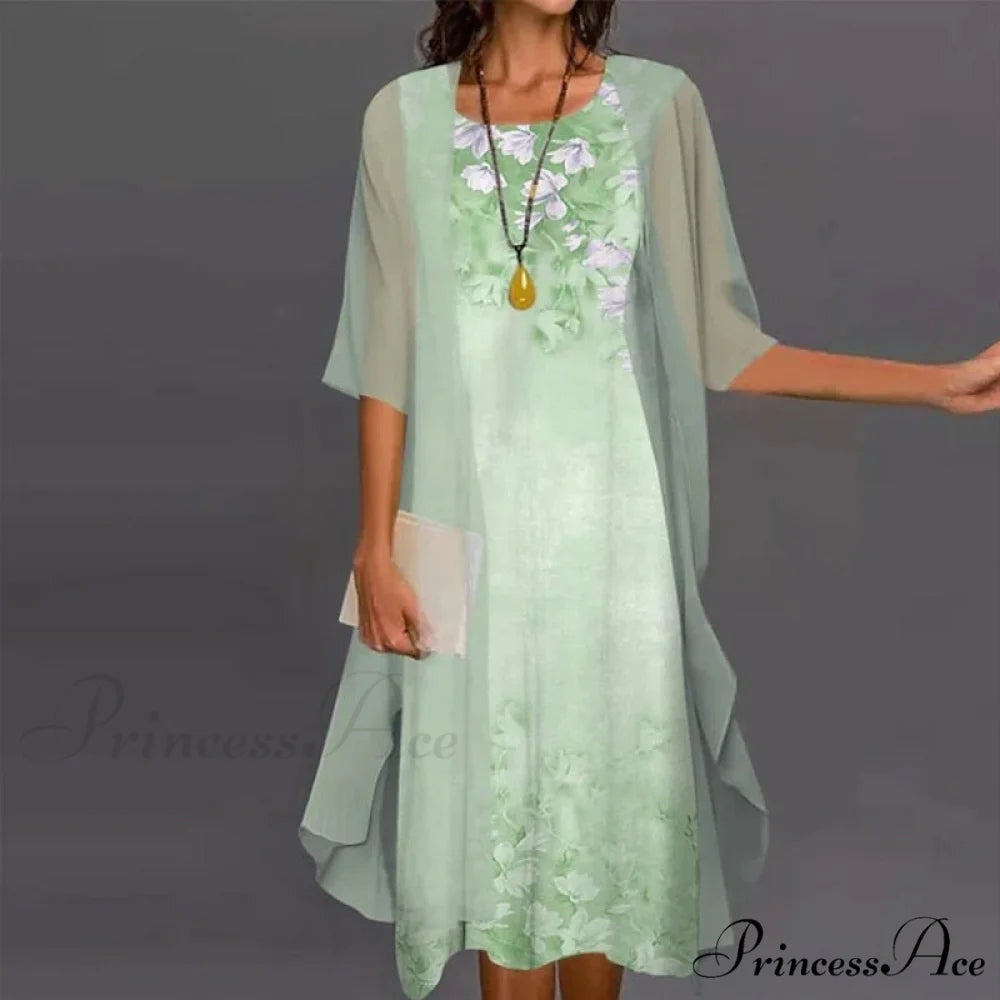 Fashion Elegant Long Sleeve Modern Loose Printed Chiffon Dress Light green / M