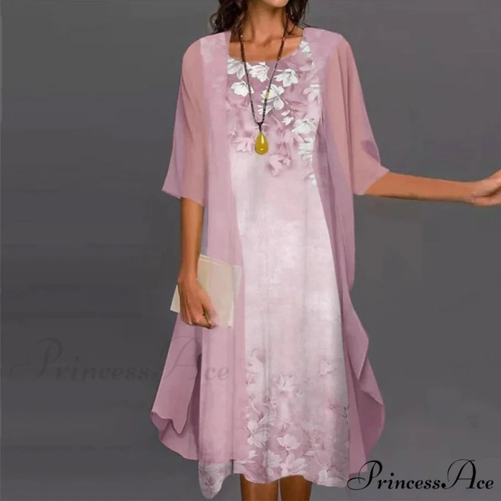Fashion Elegant Long Sleeve Modern Loose Printed Chiffon Dress Pink / M